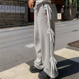 Baggy Bow Lace Patchwork Grey Sweatpants Vintage Casual Harajuku Korean Style Pants Streetwear Wide Leg Thin Trousers