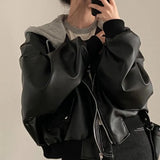 DERMEARNE Korean Style Hooded Jacket Faux Leather Women Jacket Long Skeeve Fake Two Piece Short Jackets Female Vintage Casual PU Coat