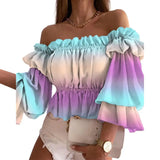 DERMEARNE Off Shoulder Summer Ladies Multi-layer Top Colorful Pleated Autumn Blouse Fashion Women Ruffles Long Sleeve Shirt for Beach