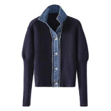 Spring and Autumn New cardigan sweater women's Korean  loose denim patchwork knitted jacket Polo collar top