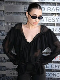 DERMEARNE Elegant Ruffle Solid Women Shirts See Through V-neck Long Lantern Sleeve Lady Top 2025 Spring Office Oversize Female Blouses
