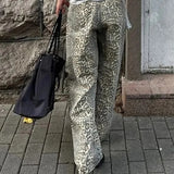 Dermearne Leopard Jeans Women Y2k American Wide Leg Pants High Waisted Korean Style Retro Baggy Jeans Loose Oversized Straight Trousers