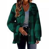 DERMEARNE Autumn Winter Women's Thickened Plaid Lamb Velvet Jacket with Pockets Buttoned Fluffy Outerwear Casual Loose Fit Coat