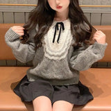 Youthful Woman Grey Harajuku Sweaters Korean Style Aesthetic Laces Jerseys Cozy Vintage Cute Knit Pullovers Autumn Bows