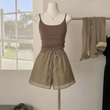 DERMEARNE Women's three-piece summer new thin sunscreen shirt top+slim suspender vest+loose Joker shorts.