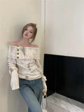 Sweater Korean Style Long Sleeve Knit Pullovers Harajuku Slash Neck Jerseys Slim Autumn Vintage Deeptown Y2k Off Shoulder Women