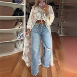 DERMEARNE 2025 Women's New Fashion Lace Floral Shirt Top With High Neck Puff Sleeve Through Hollow-Out Front Short After Long Top Blouse