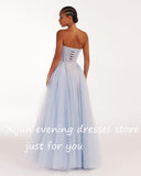 Xijun Dubai Sky Blue Tulle Evening Dresses Strapless Sleeveless Pleat Ruched Saudi Arabic Women Formal Party Prom Gown 2023