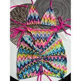 DERMEARNE Knitbikini Set Of Three Sexy Striped Swimwear Middle Age Polyester Fiber Beach Style Printed Knitted Bikini