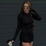DERMEARNE Long Sleeve Black Dress Drawstring Autumn Sexy Bodycon Bandage Mini Womens Dresses Sheath Club Dresses Women Short Mini Vestidos