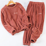 Women's Flannel Warm Home Sleepwear Sets Solid Color Round Neck Fleece Thick Pullover Lady Pajamas Long Sleeve Pants Casual 2Pcs