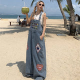 Kawaii Fun Cartoon Embroidered Denim Camisole Pants for Women New Loose Versatile and Casual Oversized American Retro Jumpsuits
