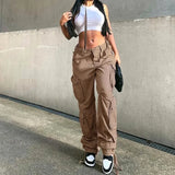 DERMEARNE Autumn/Winter New Womens Cargo Straight Trousers High Waist Loose Wide Leg Vintage Dad Jeans for Women