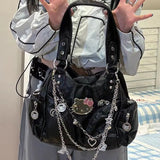 Y2k Hello Kitty Shoulder Bag for Women Gothic Chains Black Motorcycle Handbag Casual Pu Leather Punk Fashion New Armpit Bag