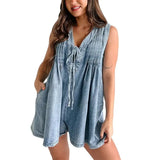 2024 Women Deep V Neck Lace-up Denim Jumpsuit Shorts Rompers Female Pleated Sleeveless One-piece Trousers Side Pocket Streetwear