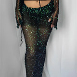 2024 Summer Women Crochet Knitted Dress Two Piece Skirt Sets Clothes Sexy Crop Tops Elegant Knit Sequin Dress 2 Piece Set Outfit