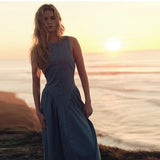 DERMEARNE Casual Round Neck Lace Up Backless Denim Dress Sleeveless High Waist Loose Zipper Robe Summer High Street Sexy Solid Clothing