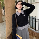 Preppy Style Pullovers Women Vintage Knitted Sweater Korean Style Elegant Autumn Winter Aesthetics Patchwork Sweaters