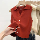 DERMEARNE Summer Chic Ice Silk Knitpolo Lapel Thin Slims You And Smooths Your Silhouette Tank Outer Wear Vest Women's Shoulder Vest No Sle