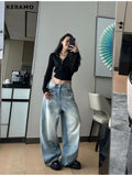American Retro High Waist Oversized Jeans Women's Casual Baggy Pocket Y2K Pants Wide Leg Grunge Light Blue Denim Trouser