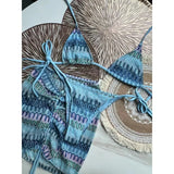 DERMEARNE Knitbikini Set Of Three Sexy Striped Swimwear Middle Age Polyester Fiber Beach Style Printed Knitted Bikini