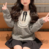 Youthful Woman Grey Harajuku Sweaters Korean Style Aesthetic Laces Jerseys Cozy Vintage Cute Knit Pullovers Autumn Bows