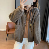 2024 New Casual Lamb Wool Jacket For Women Autumn Winter Solid Fleece Baseball Coat Simple Long Sleeved Cardigan Velvet Overcoat