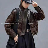 DERMEARNE Women's Fashion PU Leather Stitching Leopard Temperament Coat Women's Spring Autumn New Short Coat Casual Loose zipper Top Women