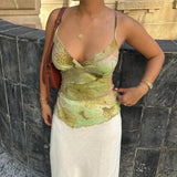 DERMEARNE Women Summer Vintage y2k Aesthetic Crop Tops Floral Print Boho Sleeveless Spaghetti Strap Mesh See Through Coquette Tanks Camis