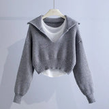 Retro Fashion Sweater Set for Women's Autumn/Winter New Deep V Flip Collar Pullover Sweater with Tank Top Two Piece Set