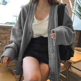 Autumn Women's Sweater Fashion V-neck Vintage Knitted Cardigan Korean Loose Solid Sweaters Female