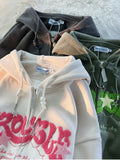 Dermearne Vintage Streetwear Zip Up Tops Oversized Star Graphics Print Hoodies 2024 Women American Retro Graphic Hooded Sweatshirts