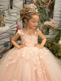 DERMEARNE Pretty Dress Pink Flower Girl Dress Princess Lace Floral Appqulies Tulle Fluffy Skirt Floor Length Ball Gowns Comuunion Party