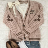 Dermearne Women Autumn Cotton Star Embroidery Khaki Knitted Cardigans V Neck Aesthetic Retro Single Breasted Sweaters Y2k Beige Tops