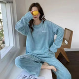 New2024 Women's Warm Flannel Pajamas Sets Two-piece Coral Fleece Homewear Autumn Winter Loose Casual Striped Simple Cozy Pajamas