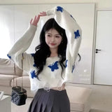Dermearne Korean Fashion Graphic Butterfly Knitted Sweater Woman Sweet Oversized Cropped Off Shoulder Tops Women Casual Loose Jumper