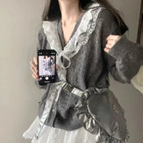 Korean Style Vintage Knit Cardigans Gray Youthful Woman Harajuku Lace Sweaters Japanese Preppy V Neck Outerwears Autumn