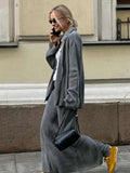 Knitted Grey Cardigan Women's Suits With Loose Pants Split Skirts Casual Long Sleeve Lapel Sweater Long Skirt Pant Sets Outfits