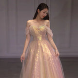 DERMEARNE Pink Sparking Evening Dress for Women A-Line vestidos de noche mujer Off the Shoulder Prom Party Gown vestidos para mujer