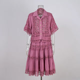 DERMEARNE Luxury Hollow Out Dress Two Piece Set Women's 2025 Summer Holiday Embroidered Lace Jackets White Tops Pleated Short Skirts Suits