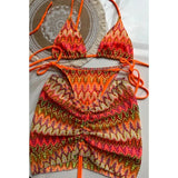 DERMEARNE Knitbikini Set Of Three Sexy Striped Swimwear Middle Age Polyester Fiber Beach Style Printed Knitted Bikini