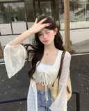 DERMEARNE 2025 Summer New Lace Oversized Cardigan Y2k E-Girl V-neck  Up All-match Shirts Mujer Mid-length Long Sleeve Tops Women
