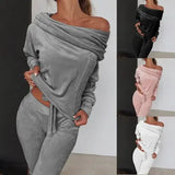 Women 2 Pieces Set Tracksuit 1 Shoulder Sweatshirt Pants Sets Velvet Lounge Suit