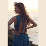 DERMEARNE Casual Round Neck Lace Up Backless Denim Dress Sleeveless High Waist Loose Zipper Robe Summer High Street Sexy Solid Clothing