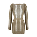 DERMEARNE Sexy Women Backless Cutout Dress Long Sleeve Round Neck Solid Color Crochet Knit See Through Mini Dress Summer Beach Sundress
