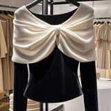 DERMEARNE Spring Autumn Round Neck Long Sleeve Fashion T-Shirts Women High Street Bow Patchwork Pullovers Elegant Vintage All-match Tops