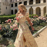 DERMEARNE Floral Printed Women's Dress Puff Short Sleeve Casual Outfits Boho Front Lace-up Vintage Sundress Party Streetear Summer Dress