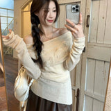 Off Shoulder Women Sweater Harajuku Butterfly Elegant Korean Fashion Knitted Pullovers Autumn Slim Gyaru Sexy Aesthetic