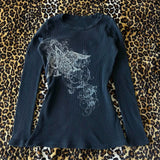 DERMEARNE Wings Graphic Print Black T-shirt Women Autumn Clothes Y2K Cyber Grunge Pullovers Tees 00s Retro Aesthetic Cottage Crop Tops