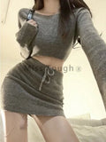 Grey Vintage Knitted Two Piece Set Women Strappy Casual Party Mini Skirt Set Female Korean Designer Sweater Skirt Suit 2023 New
